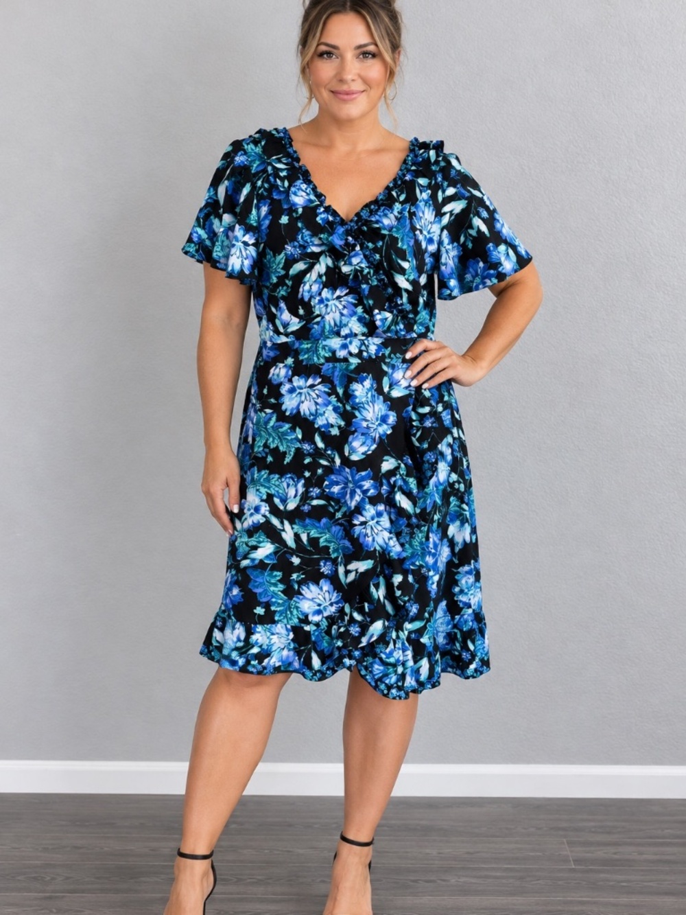 Sangria Blue Floral Flutter Sleeve Faux Wrap Ruffle Hem Midi Dress Size 14W